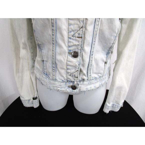 Zara Trafaluc Light Blue Acid Wash Denim Distressed Ripped Jean Jacket Women M - Picture 5 of 11